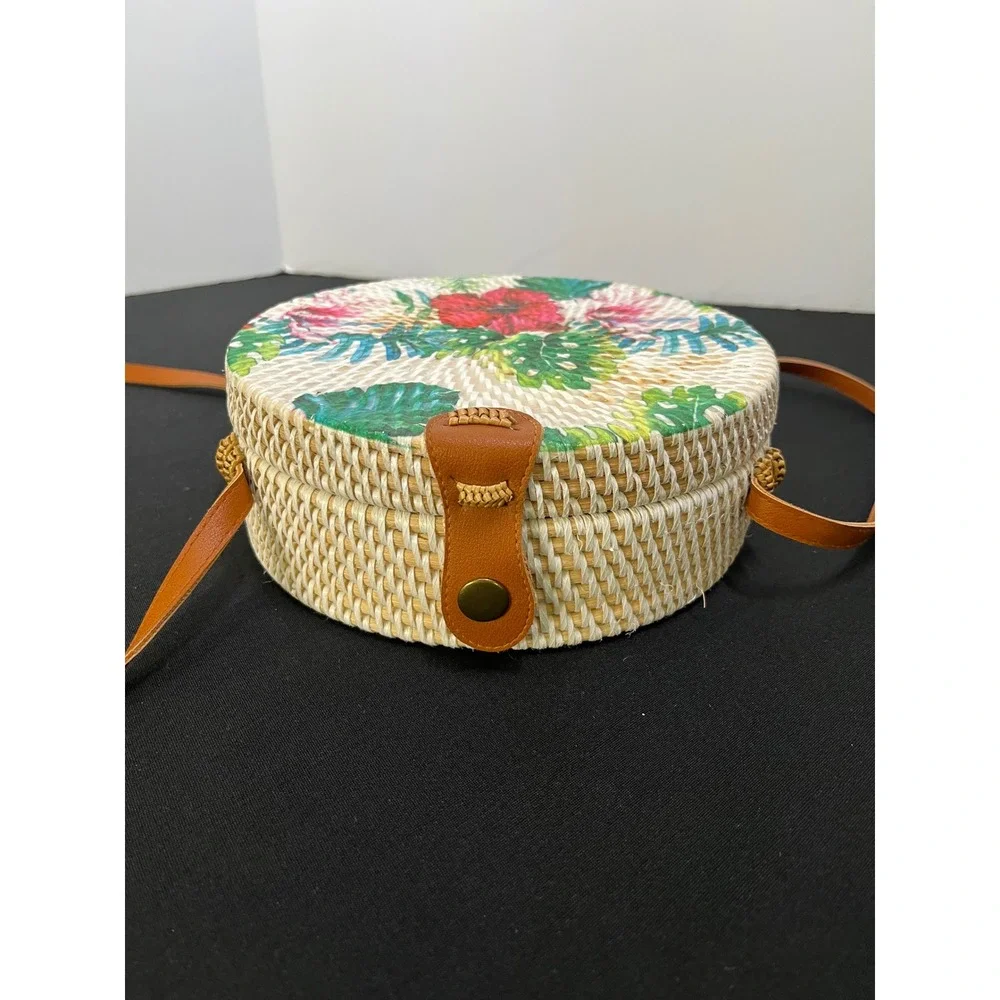 Tropical Floral Round Woven Rattan Crossbody Bag Hibiscus Monstera Straw Purse